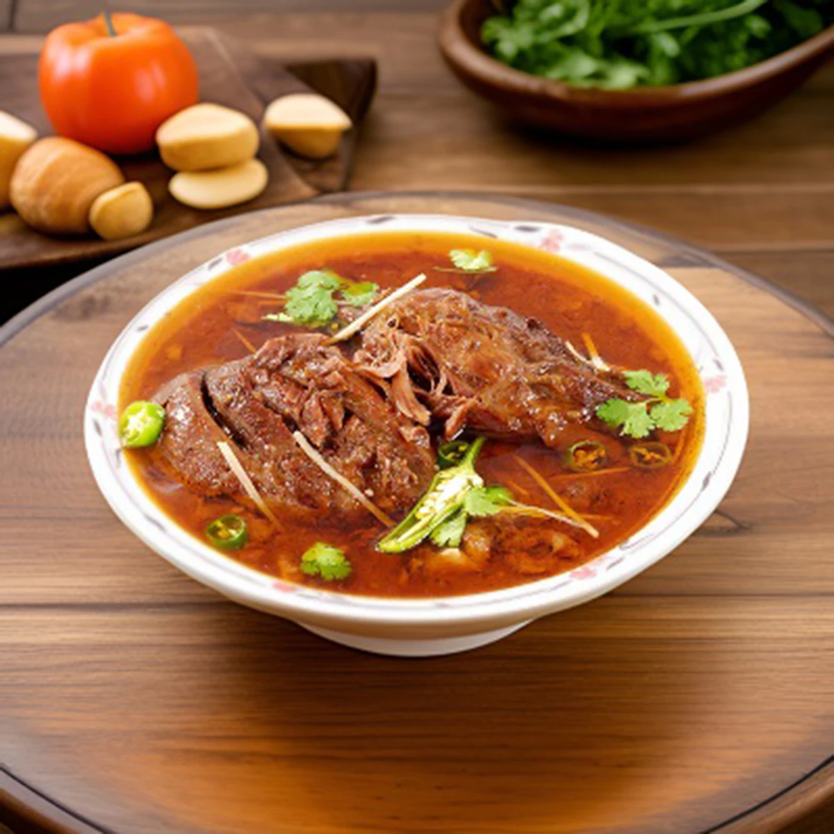 A bowl of beef nihari with thin ginger strips and green chillies on a wooden board.
