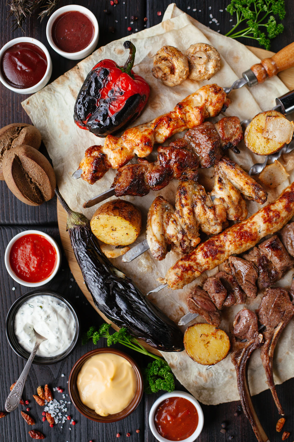 Grilled seekh kebabs and tikka on skewers with chutneys and roasted peppers around them.