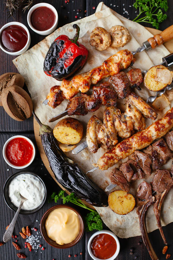 Grilled seekh kebabs and tikka on skewers with chutneys and roasted peppers around them.